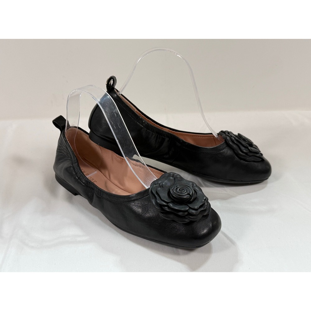 Taryn Rose Black Leather Rose Applique Square Toe Ballet Flats Womens - Picture 2 of 9